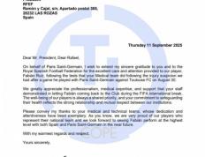 爱游戏体育平台-反观？巴黎主席纳赛尔致信西足协，感谢西班牙队放法比安提前归队